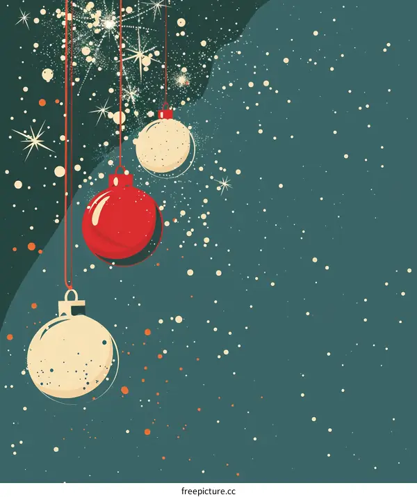 Retro Christmas ornaments hanging from a string with falling snow