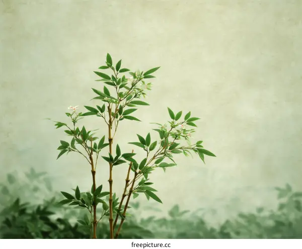 Vintage Bamboo Plant with Delicate Flowers Against a Light Beige Background