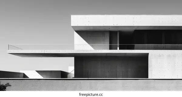 Black and white photo of a modern house with a large balcony