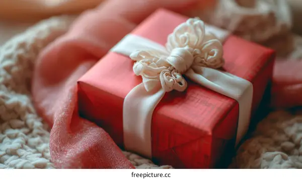 A red gift box with a white ribbon