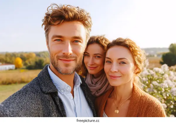 Three People Posing Outdoors in Autumn