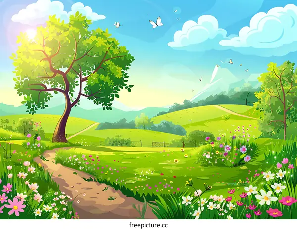 Spring Landscape with Butterflies and Flowers