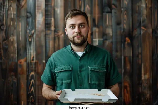Hungry man holding an empty pizza box
