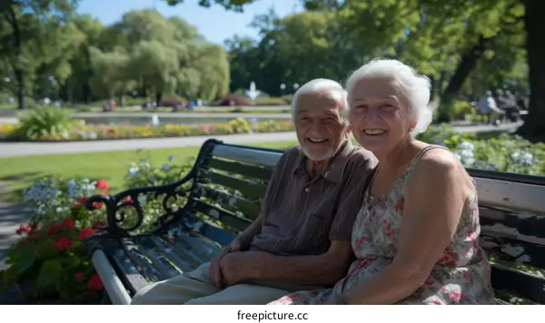 Happy elderly couple sitting on a bench in the park