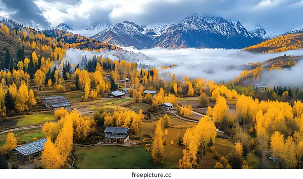 Autumnal Village Nestled in a Mountain Valley