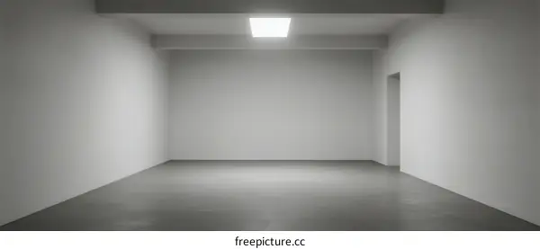 An empty white room with a ceiling light and plain walls and floor