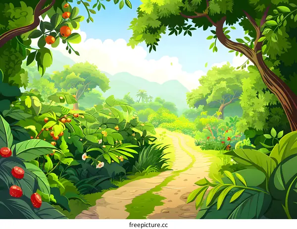 Jungle Path Illustration with Lush Green Foliage and Winding Path