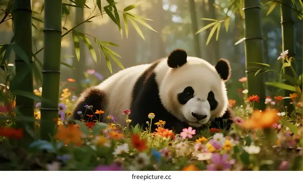 Giant panda resting on colorful flowers in bamboo forest