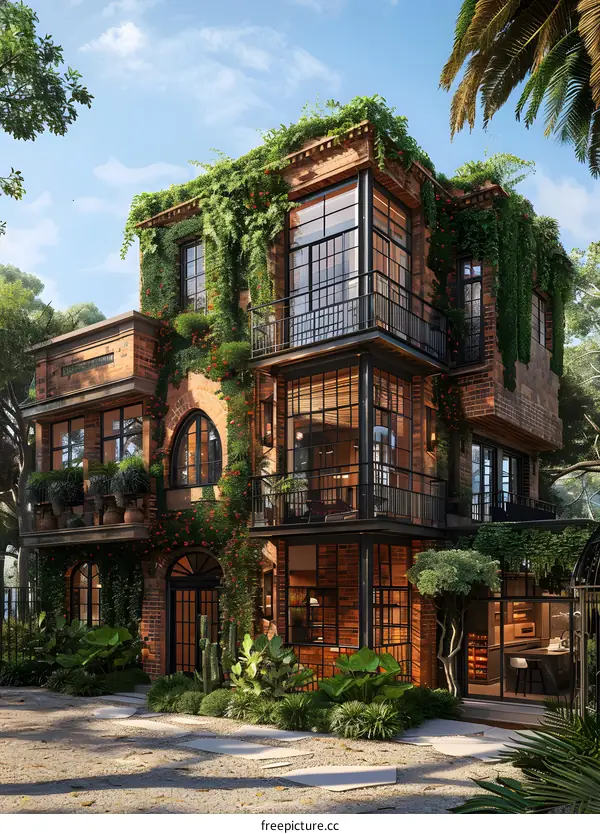 An illustration of a beautiful house with a lot of plants growing on it