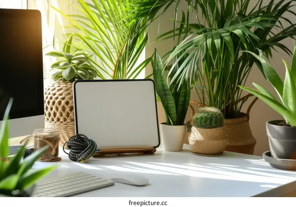 Indoor plants on a desk near a bright window