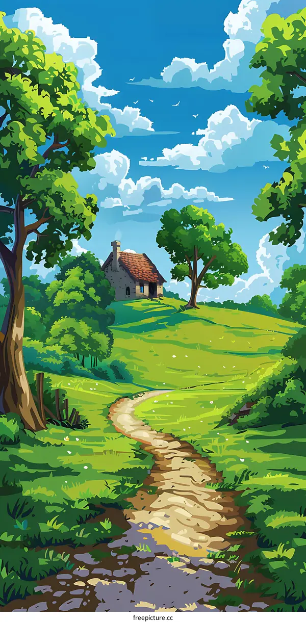 Green Meadow Landscape Illustration With a Path and House
