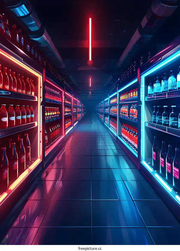 Neon Lights Supermarket Aisle Illustration