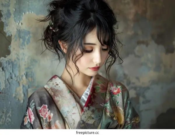 Portrait of a young woman in a kimono