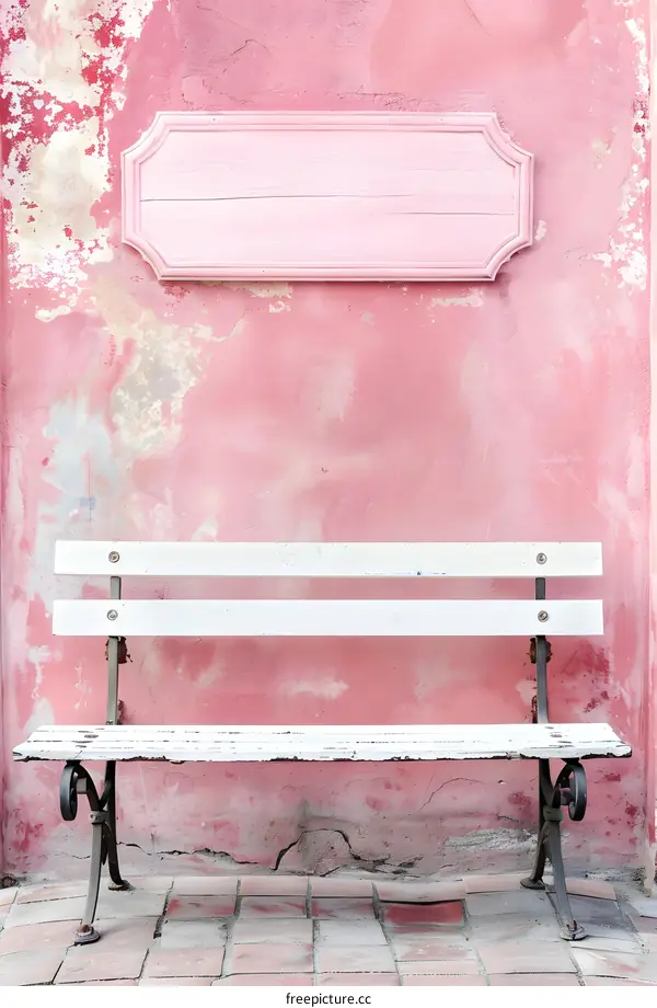 Pink Wall With White Bench And Pink Wooden Sign