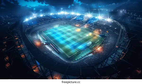 A night view of a soccer stadium with bright lights illuminating the field