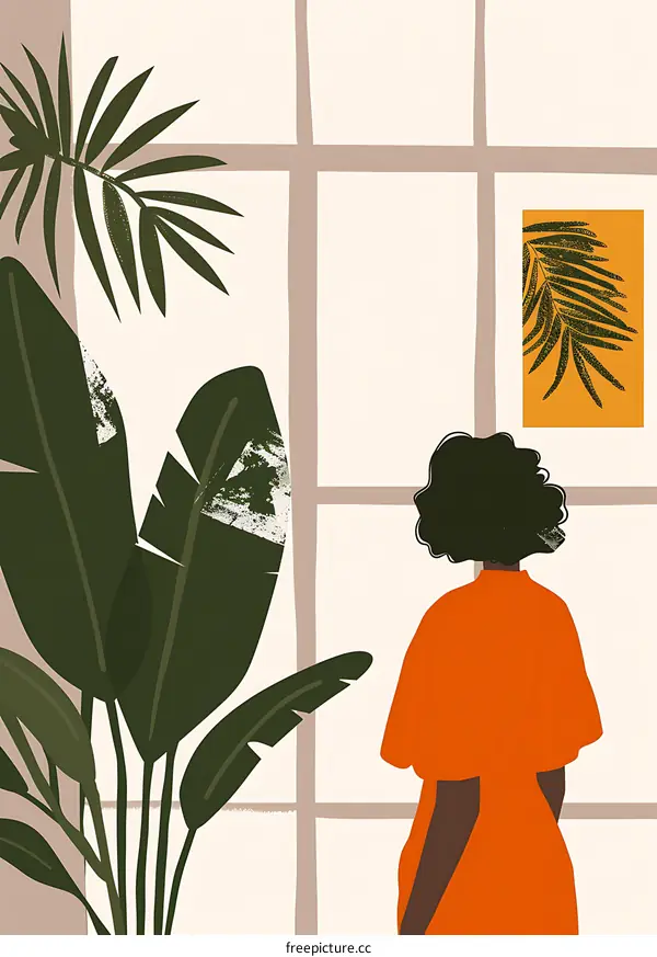 Woman in Orange Dress Looking Out Window