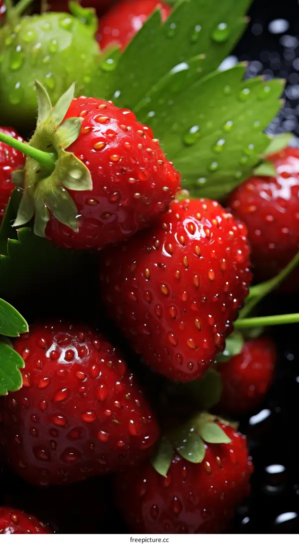 Close-up image of fresh strawberries with water drops
