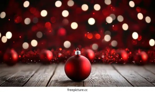 Christmas Ornament on Wooden Table with Red Bokeh Background