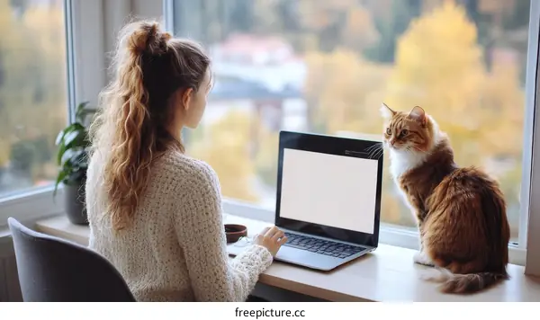 Woman Working From Home with Cat by the Window
