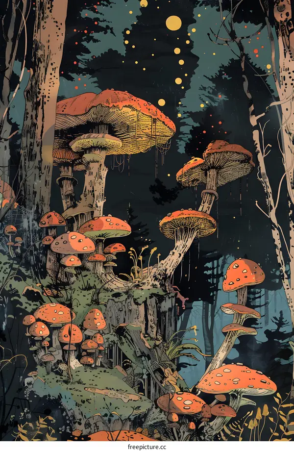 Mushroom Forest at Night with Stars