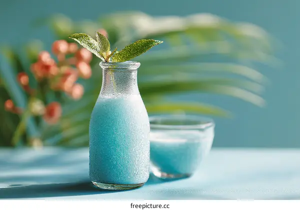 Refreshing Turquoise Drink in a Glass Bottle