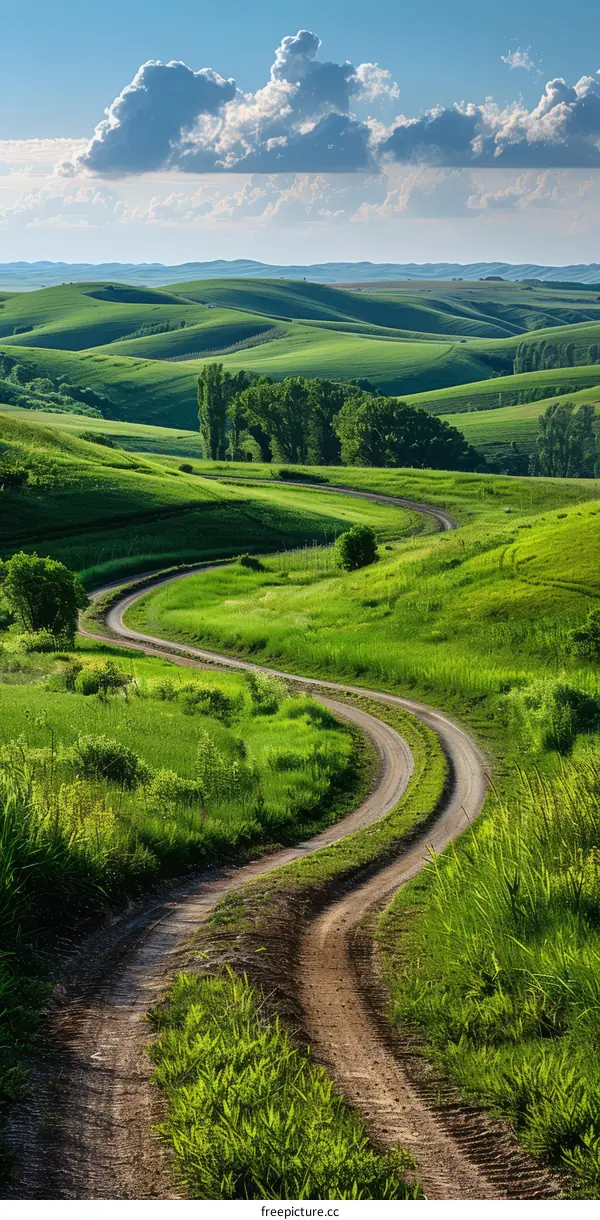 Serpentine Dirt Road through Lush Green Hills