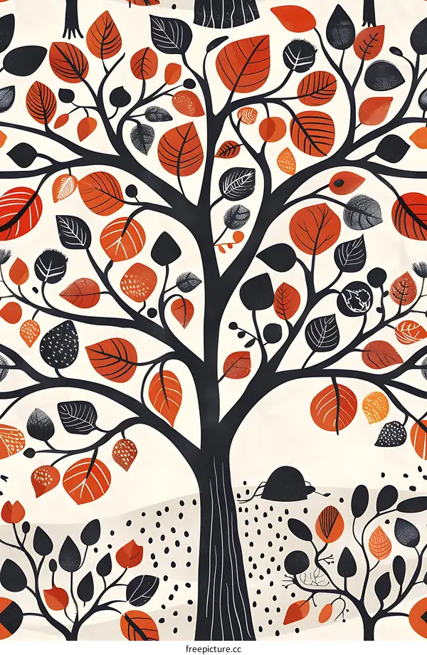 Autumn Tree Illustration with Orange and Black Leaves
