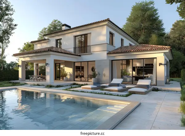 Modern Villa Exterior with Swimming Pool and Patio