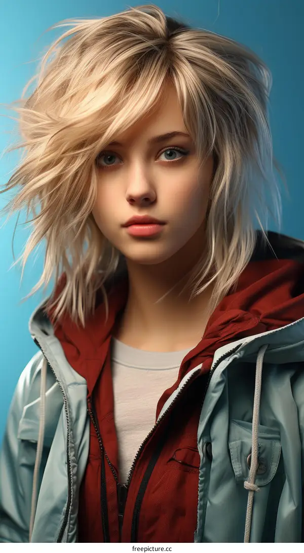 Portrait of a young blonde woman with blue eyes and a red hoodie