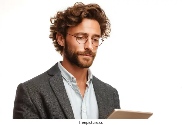Focused Caucasian Man Using Digital Tablet
