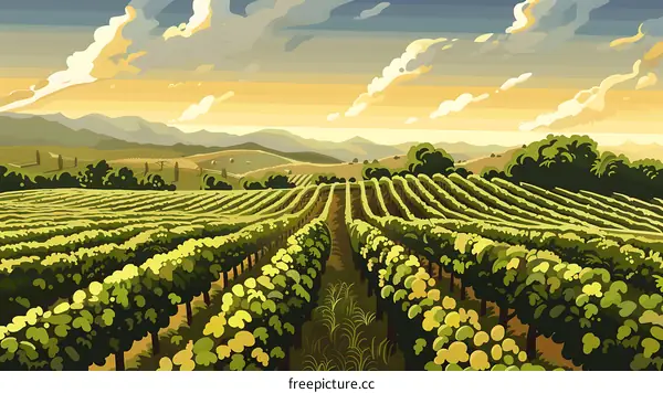 Vineyard Landscape Illustration in a Retro Style