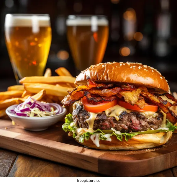 Delicious Bacon Cheeseburger with Fries and Onion Rings
