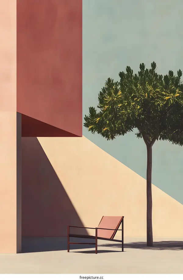 Minimalist Chair Under a Tree by a Building