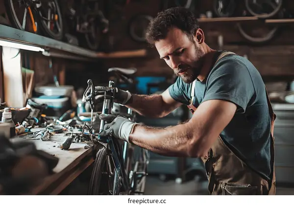 Man Fixing a Bicycle in a Garage Workshop
