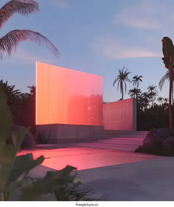 Minimalist Tropical Architecture With Pink Glowing Wall