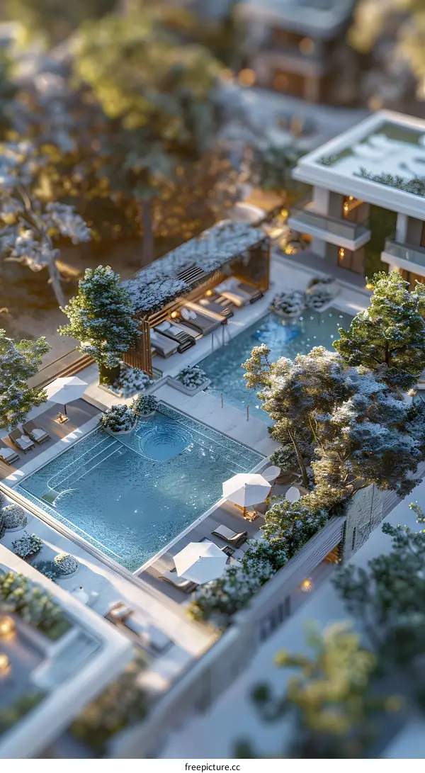 Aerial view of swimming pool in luxury residential area