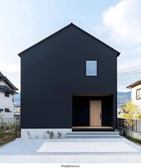 Modern Black House with Wooden Door and Small Window