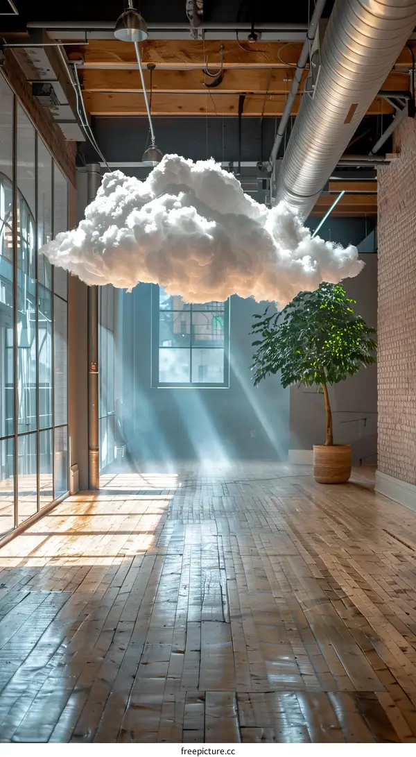 A Cloud Sculpture Suspended in a Modern Industrial Space