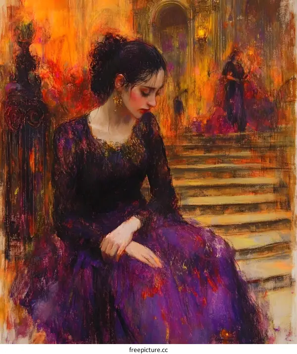 Woman in Purple Dress Sitting on Staircase
