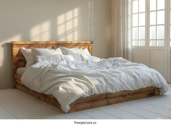 A cozy wooden bed in a Scandinavian-style bedroom