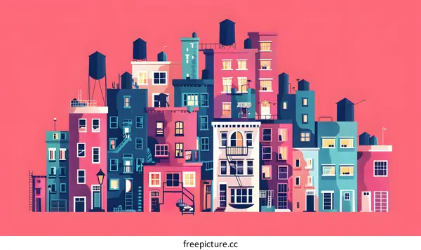 Colorful Cityscape Illustration with Buildings and Water Towers