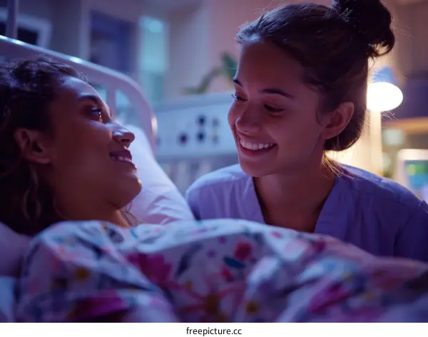A nurse is talking to a patient in a hospital bed.