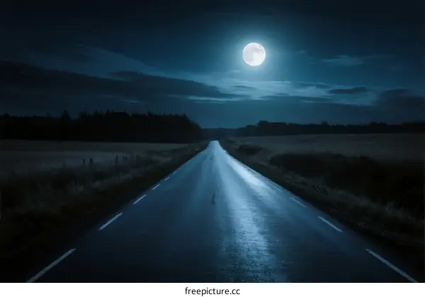A Moonlit Road Stretching Through a Dark and Quiet Landscape