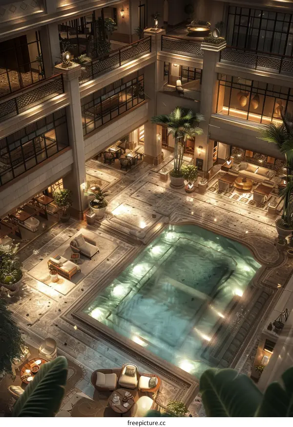 Courtyard with a pool in a luxury hotel