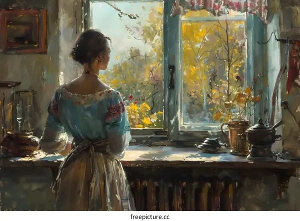 A woman standing in front of a window looking out at an autumn landscape