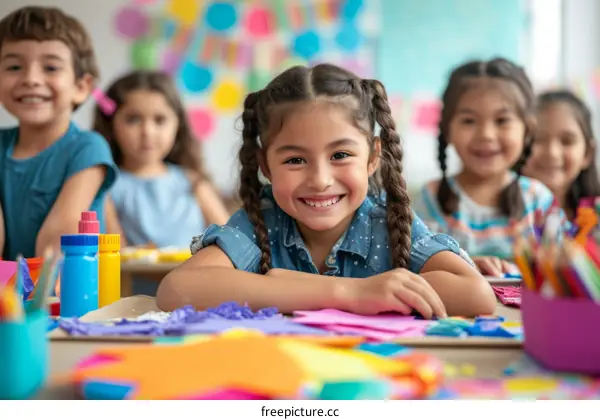 A group of children are sitting at a table and smiling at the camera