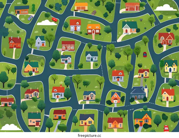Aerial View of a Cartoon Suburban Neighborhood