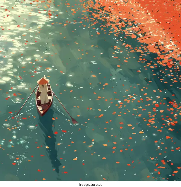 A boat on a river with red flower petals