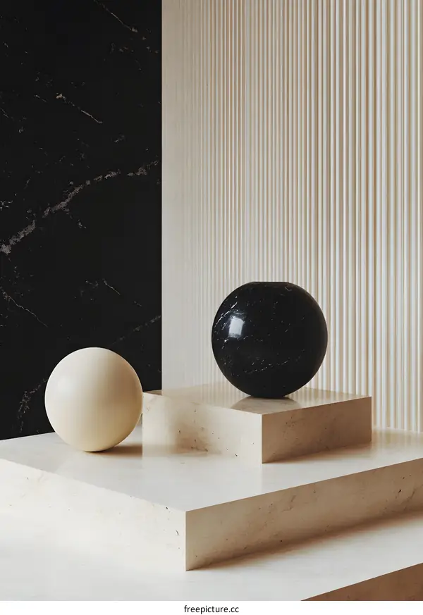 Minimalist Product Display with Stone Spheres on Marble Platform