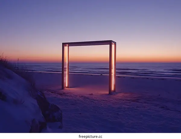 Illuminated Frame on a Snowy Beach at Sunset